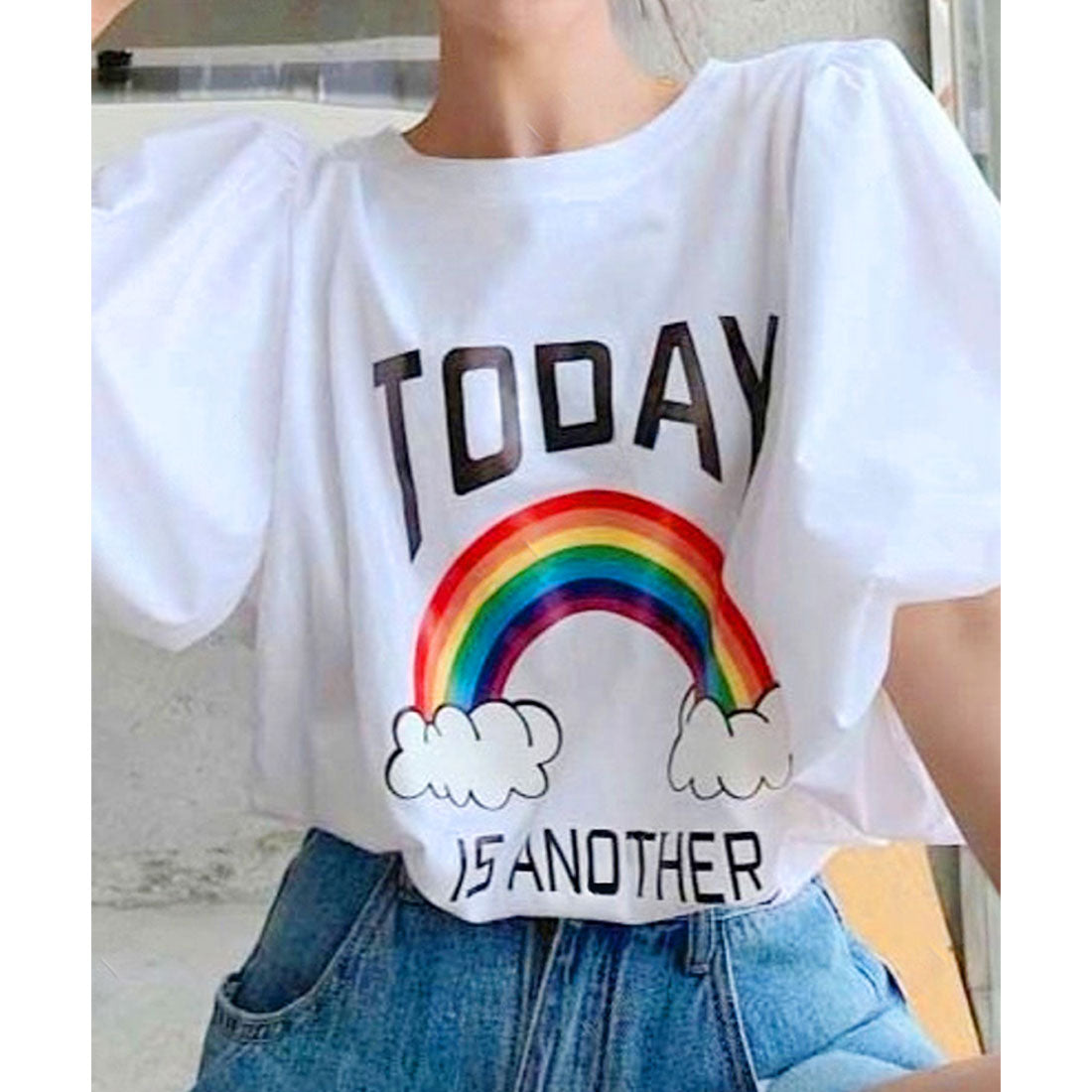 リアルスタイル REAL STYLE Tシャツ レディース 半袖 5分袖 ゆったり 夏 カットソー トップス 白 カジュアル バルーンスリーブ プリント ロゴ レインボー 虹 伸縮 （ホワイト） ホワイト