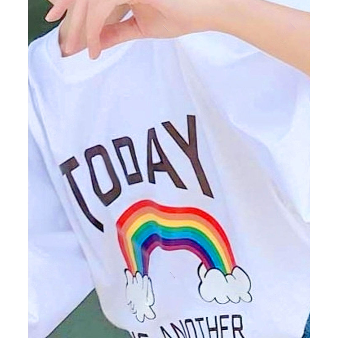 リアルスタイル REAL STYLE Tシャツ レディース 半袖 5分袖 ゆったり 夏 カットソー トップス 白 カジュアル バルーンスリーブ プリント ロゴ レインボー 虹 伸縮 （ホワイト） ホワイト