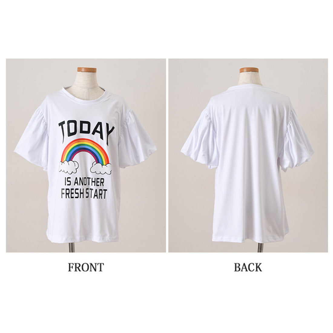 リアルスタイル REAL STYLE Tシャツ レディース 半袖 5分袖 ゆったり 夏 カットソー トップス 白 カジュアル バルーンスリーブ プリント ロゴ レインボー 虹 伸縮 （ホワイト） ホワイト