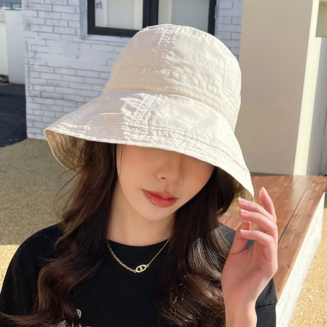 リアルスタイル REAL STYLE バケットハット 帽子 レディース つば広 UVケア ブリムハット 夏 春 おしゃれ 深い 日よけ 紫外線 日焼け対策 折りたたみ 紐付き （アイボリー） アイボリー