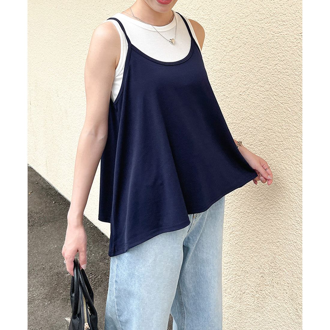 リアルスタイル REAL STYLE キャミソール レディース ショート トップス ノースリーブ サラてろ フレア Aライン おしゃれ 涼しい 重ね着 イレギュラーヘム ストレッチ 韓国ファッション チンチャコリア （ネイビー） ネイビー