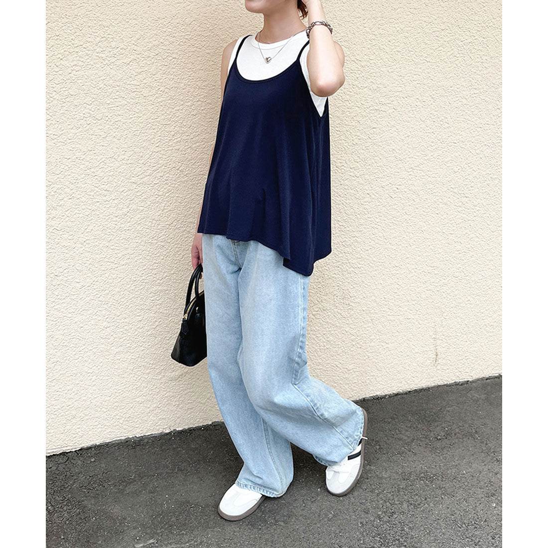 リアルスタイル REAL STYLE キャミソール レディース ショート トップス ノースリーブ サラてろ フレア Aライン おしゃれ 涼しい 重ね着 イレギュラーヘム ストレッチ 韓国ファッション チンチャコリア （ネイビー） ネイビー