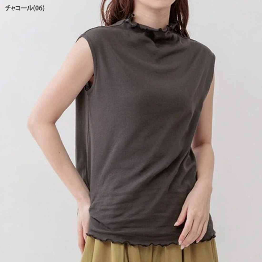 リアルスタイル REAL STYLE シアー トップス カットソー Tシャツ インナー 綿100％ コットン ノースリーブ フレンチスリーブ ハイネック 透け感 涼しい 夏 重ね着 （チャコール(06)） チャコール(06)