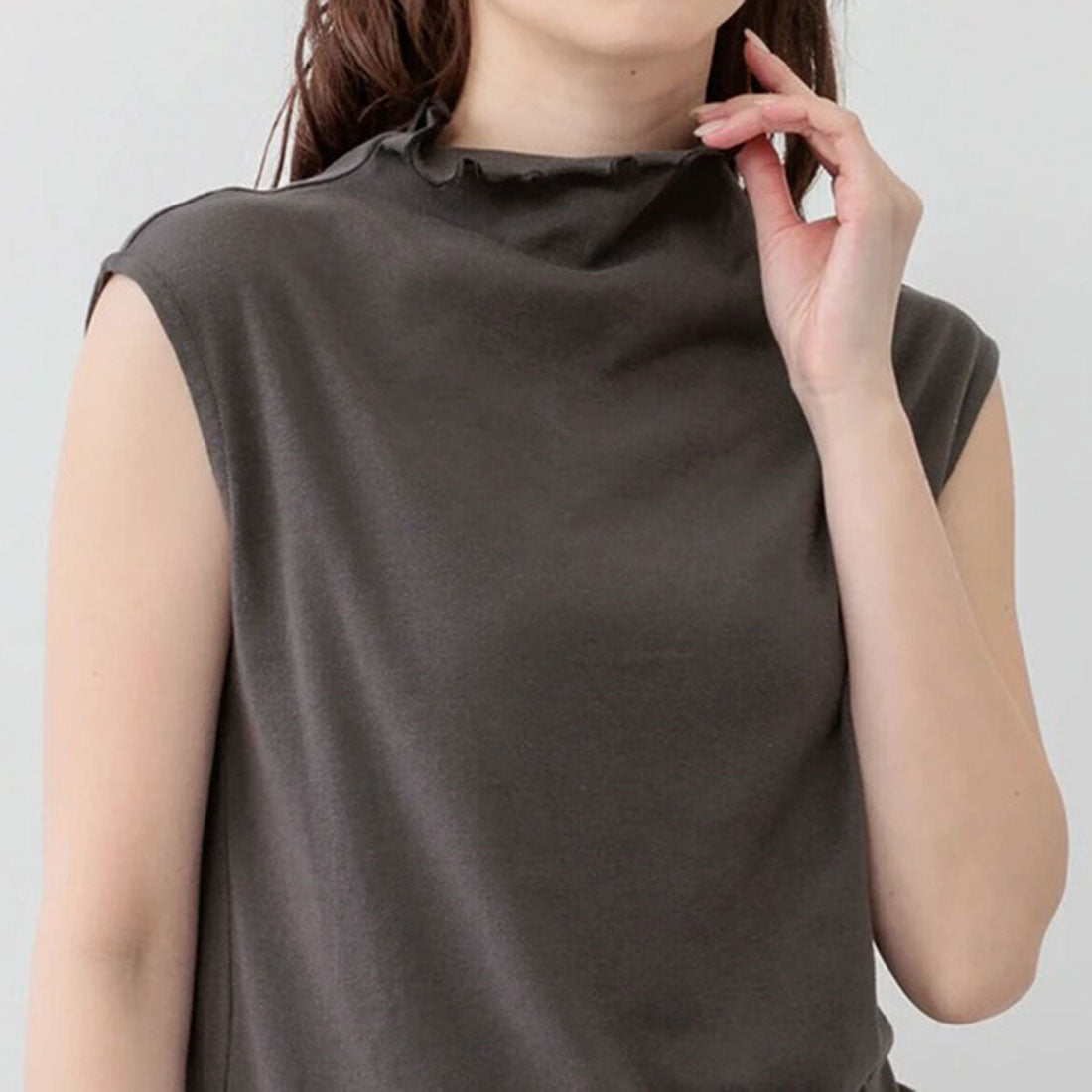 リアルスタイル REAL STYLE シアー トップス カットソー Tシャツ インナー 綿100％ コットン ノースリーブ フレンチスリーブ ハイネック 透け感 涼しい 夏 重ね着 （チャコール(06)） チャコール(06)