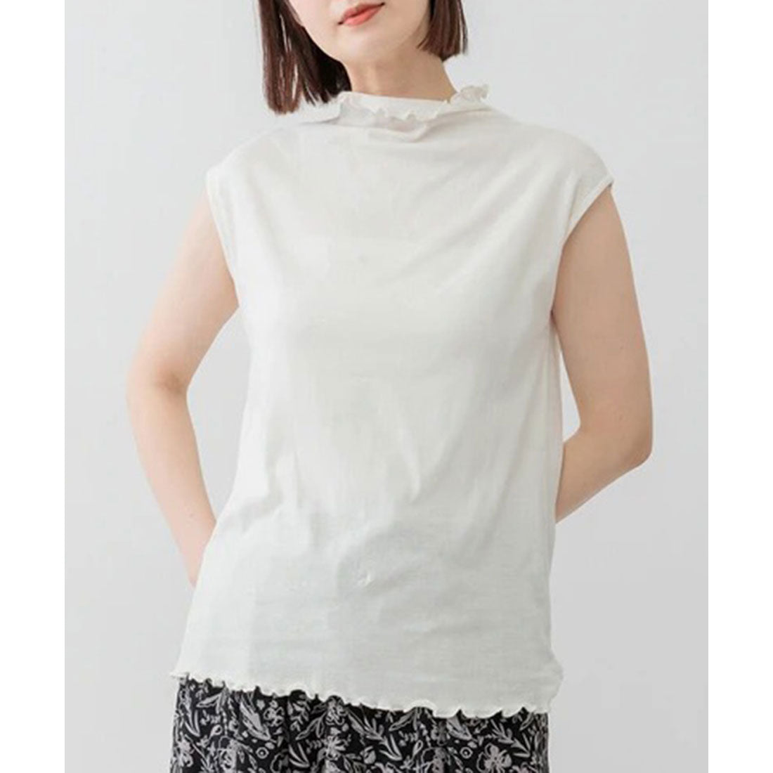 リアルスタイル REAL STYLE シアー トップス カットソー Tシャツ インナー 綿100％ コットン ノースリーブ フレンチスリーブ ハイネック 透け感 涼しい 夏 重ね着 （チャコール(06)） チャコール(06)