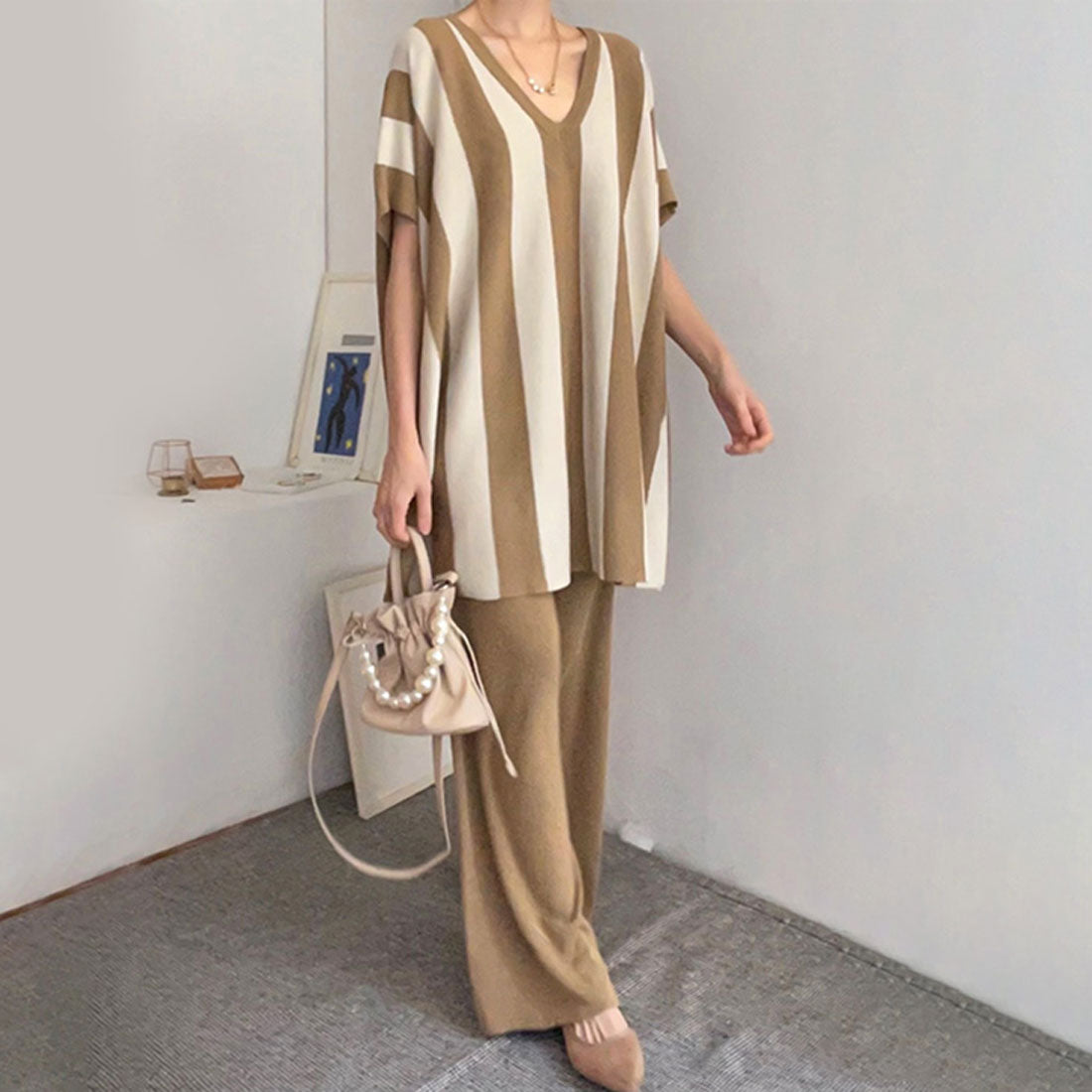 リアルスタイル REAL STYLE セットアップ レディース 春 夏 秋 半袖 カジュアル ワイドパンツ ニット 大きいサイズ ズボン トップス ボトムス 上下セット ストライプ （ベージュ） ベージュ