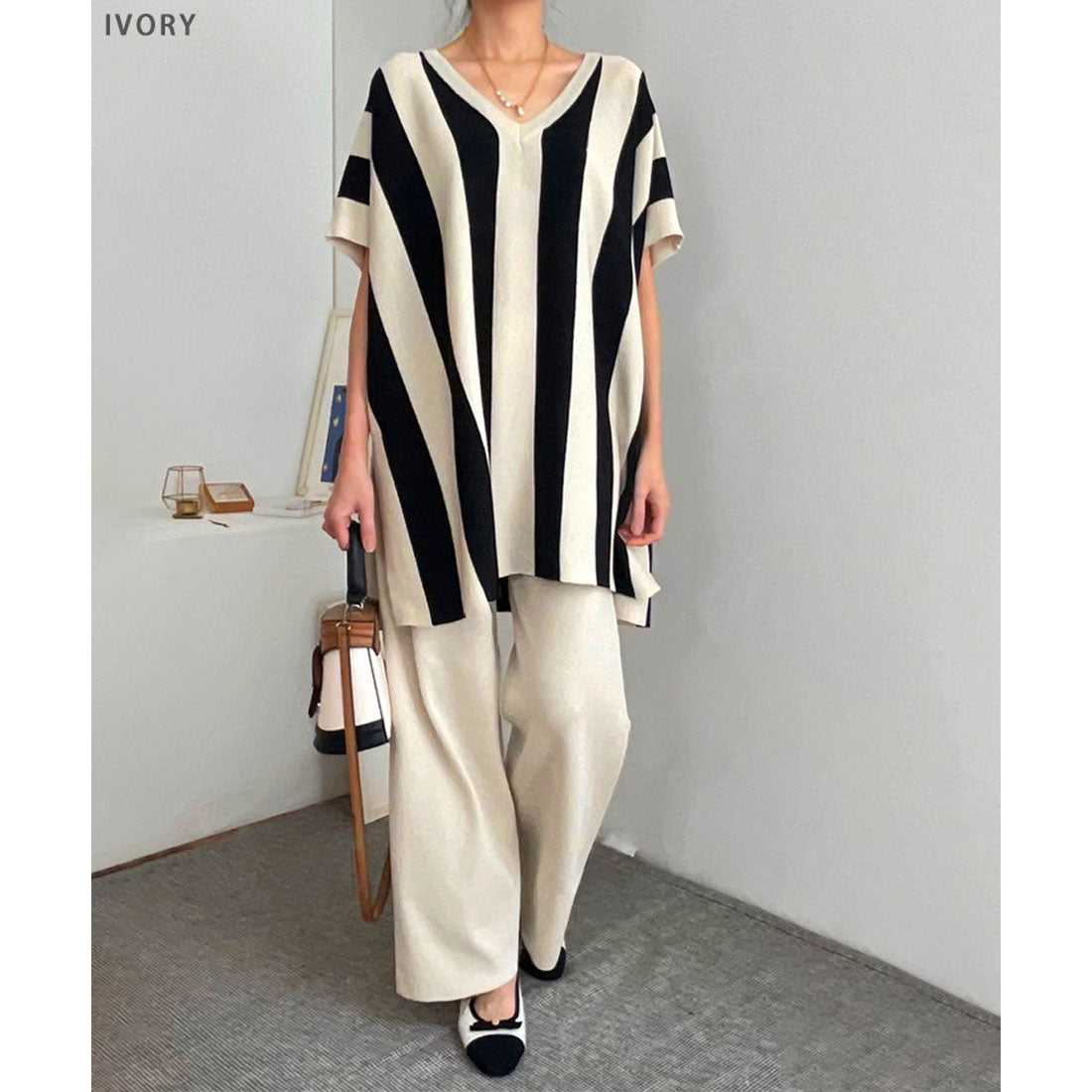 リアルスタイル REAL STYLE セットアップ レディース 春 夏 秋 半袖 カジュアル ワイドパンツ ニット 大きいサイズ ズボン トップス ボトムス 上下セット ストライプ （ベージュ） ベージュ