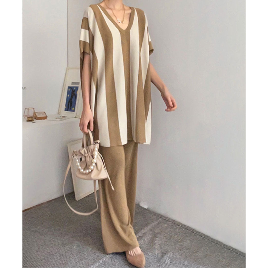 リアルスタイル REAL STYLE セットアップ レディース 春 夏 秋 半袖 カジュアル ワイドパンツ ニット 大きいサイズ ズボン トップス ボトムス 上下セット ストライプ （ベージュ） ベージュ