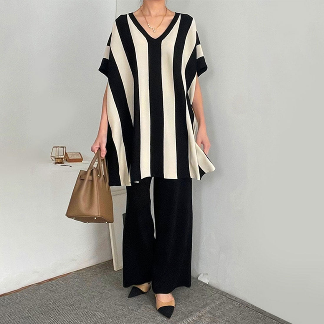 リアルスタイル REAL STYLE セットアップ レディース 春 夏 秋 半袖 カジュアル ワイドパンツ ニット 大きいサイズ ズボン トップス ボトムス 上下セット ストライプ （ブラック） ブラック