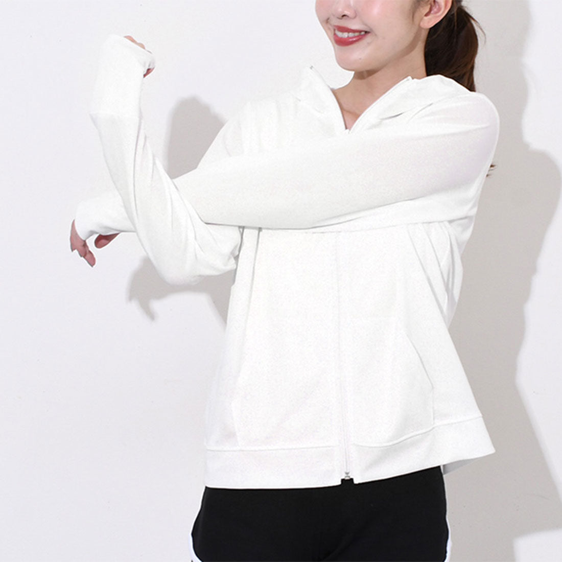 リアルスタイル REAL STYLE パーカー レディース ラッシュガード 夏 薄手 UVケア ジップアップ 指穴 冷感 涼しい 吸汗速乾 ドライ メッシュ 無地 羽織 上着 前開き （オフホワイト） オフホワイト