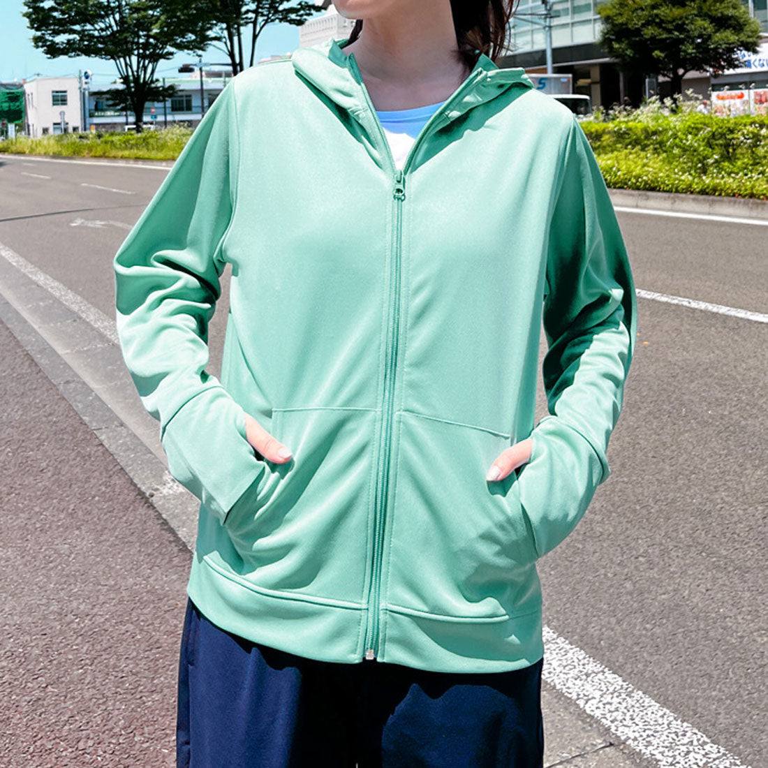 リアルスタイル REAL STYLE パーカー レディース ラッシュガード 夏 薄手 UVケア ジップアップ 指穴 冷感 涼しい 吸汗速乾 ドライ メッシュ 無地 羽織 上着 前開き （ミントグリーン） ミントグリーン