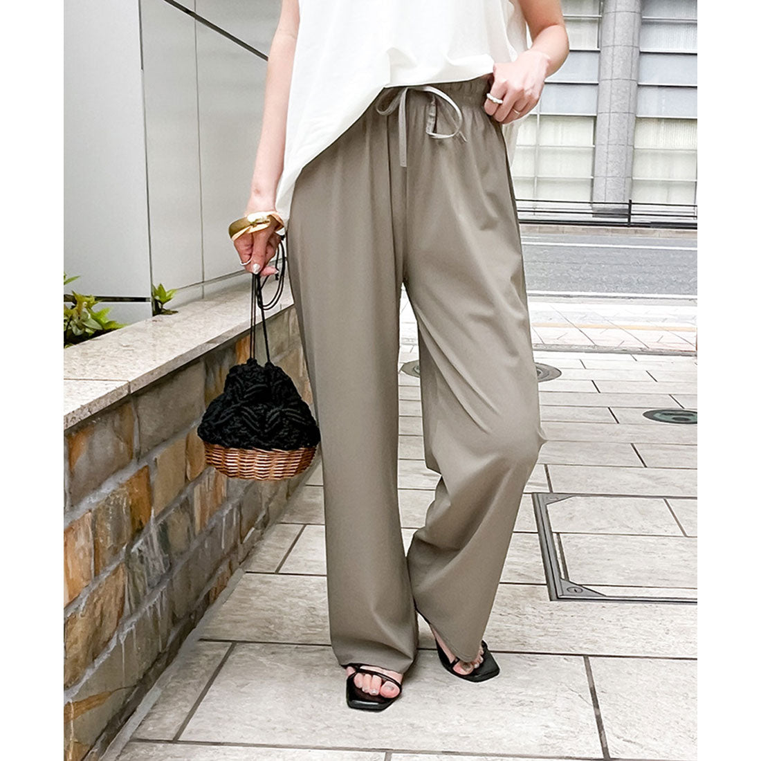 リアルスタイル REAL STYLE ストレートパンツ レディース 夏 涼しい 速乾 ワイドパンツ ストレッチ ウエストゴム 軽量 ボトムス ズボン オフィス カジュアル 韓国 （ブラック） ブラック