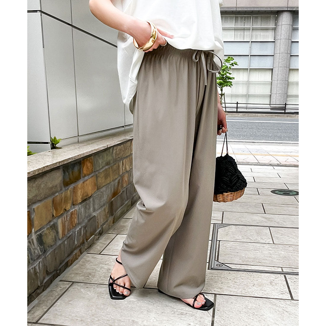 リアルスタイル REAL STYLE ストレートパンツ レディース 夏 涼しい 速乾 ワイドパンツ ストレッチ ウエストゴム 軽量 ボトムス ズボン オフィス カジュアル 韓国 （ブラック） ブラック