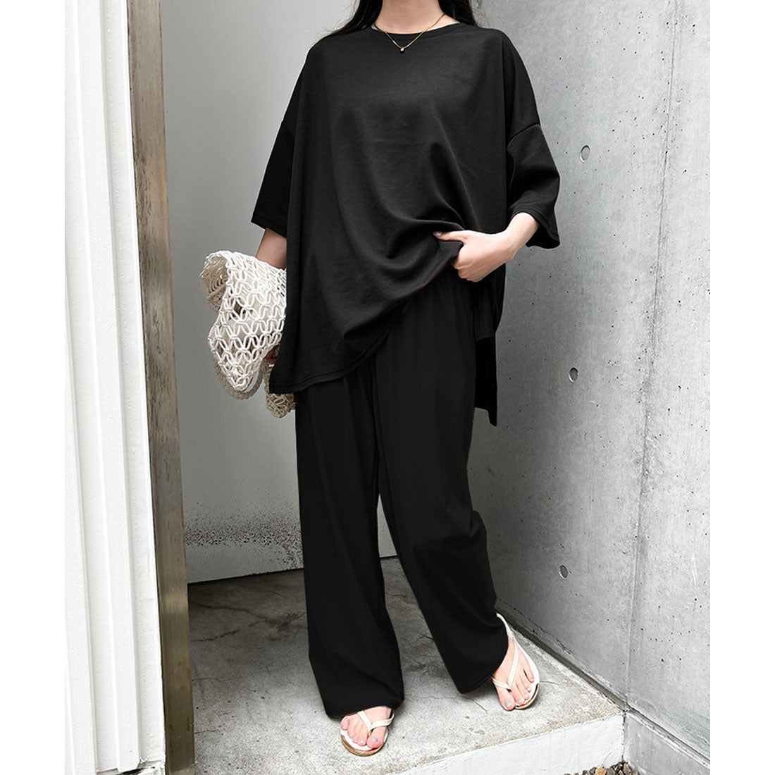 リアルスタイル REAL STYLE ストレートパンツ レディース 夏 涼しい 速乾 ワイドパンツ ストレッチ ウエストゴム 軽量 ボトムス ズボン オフィス カジュアル 韓国 （ブラック） ブラック
