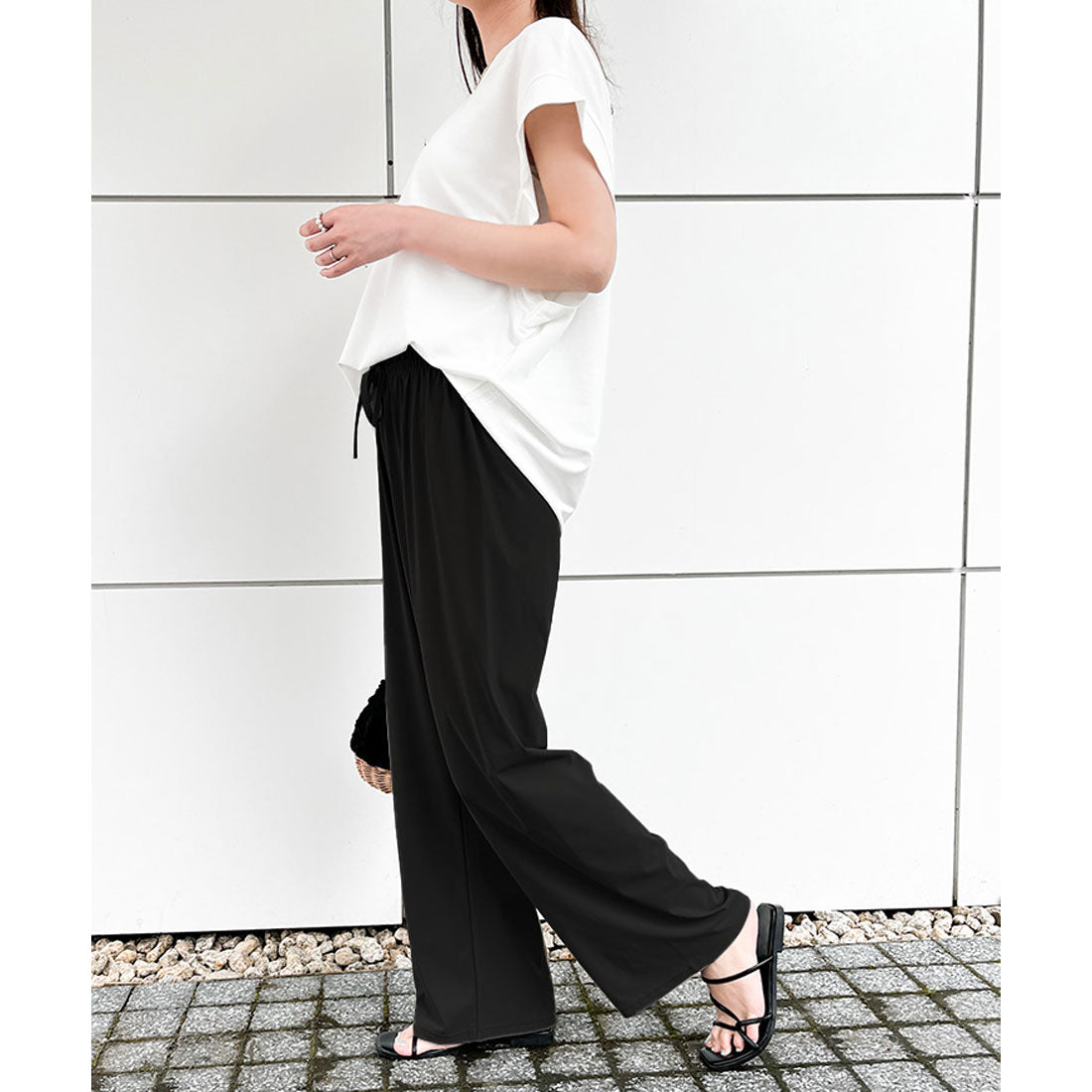リアルスタイル REAL STYLE ストレートパンツ レディース 夏 涼しい 速乾 ワイドパンツ ストレッチ ウエストゴム 軽量 ボトムス ズボン オフィス カジュアル 韓国 （ブラック） ブラック