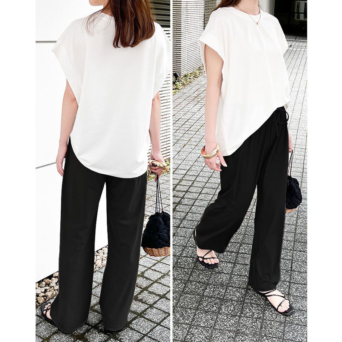 リアルスタイル REAL STYLE ストレートパンツ レディース 夏 涼しい 速乾 ワイドパンツ ストレッチ ウエストゴム 軽量 ボトムス ズボン オフィス カジュアル 韓国 （ブラック） ブラック