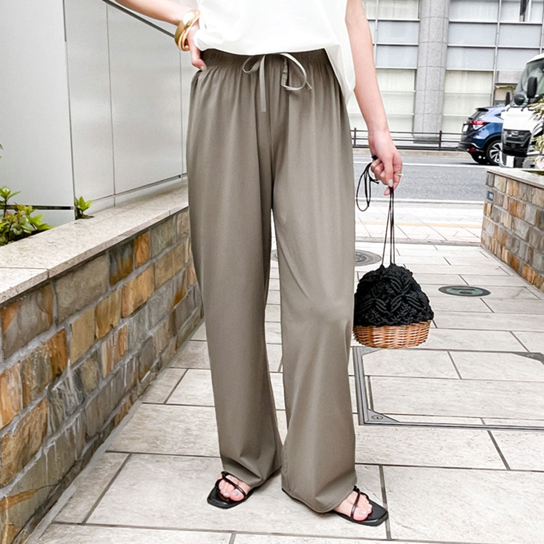 リアルスタイル REAL STYLE ストレートパンツ レディース 夏 涼しい 速乾 ワイドパンツ ストレッチ ウエストゴム 軽量 ボトムス ズボン オフィス カジュアル 韓国 （カーキグレー） カーキグレー
