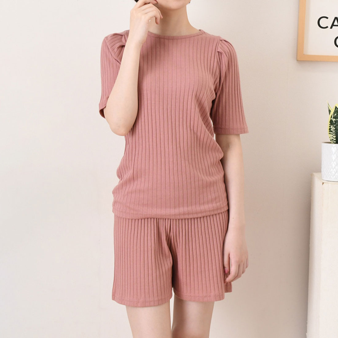 リアルスタイル REAL STYLE ルームウェア セットアップ レディース 夏 涼しい 半袖 ショートパンツ 可愛い 韓国 リブ トップス ボトムス 上下セット 部屋着 パジャマ （ピンク） ピンク