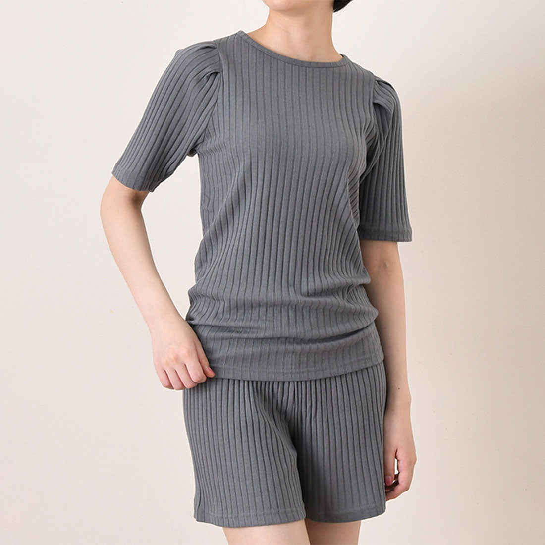 リアルスタイル REAL STYLE ルームウェア セットアップ レディース 夏 涼しい 半袖 ショートパンツ 可愛い 韓国 リブ トップス ボトムス 上下セット 部屋着 パジャマ （グレー） グレー