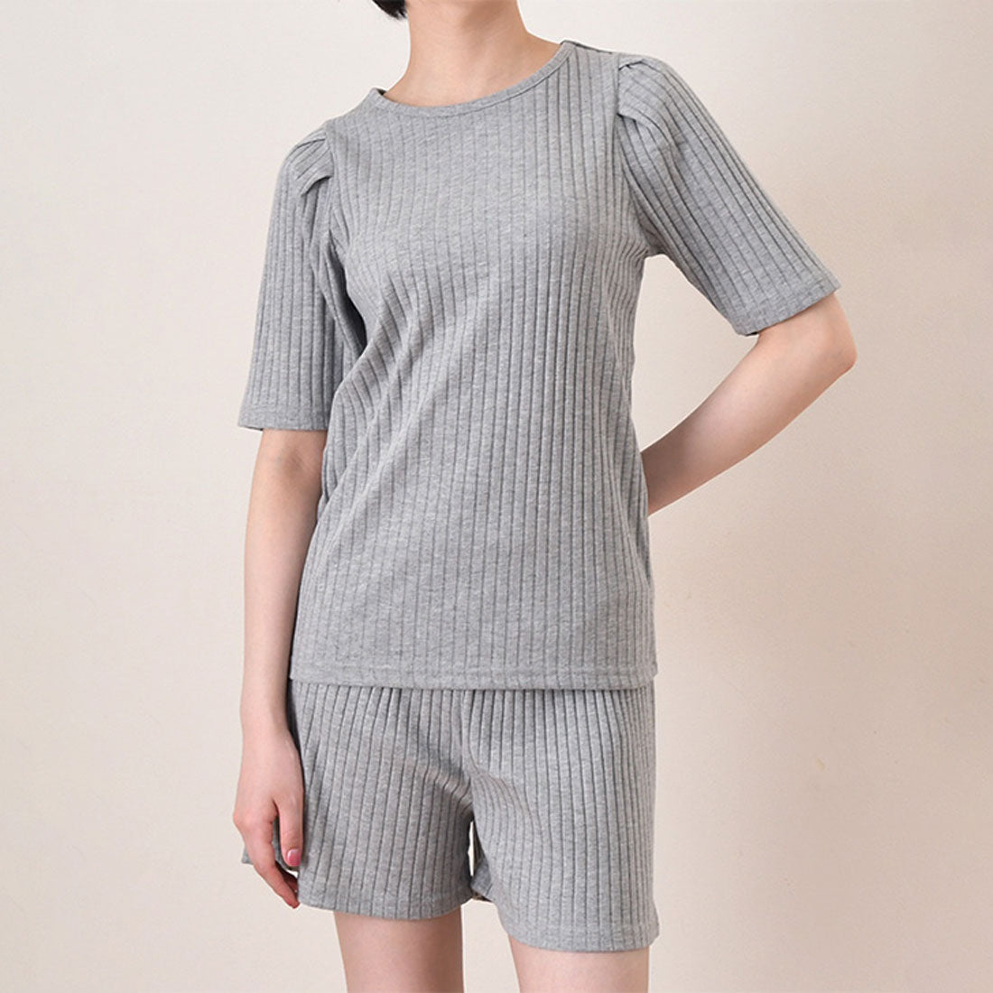 リアルスタイル REAL STYLE ルームウェア セットアップ レディース 夏 涼しい 半袖 ショートパンツ 可愛い 韓国 リブ トップス ボトムス 上下セット 部屋着 パジャマ （ライトグレー） ライトグレー