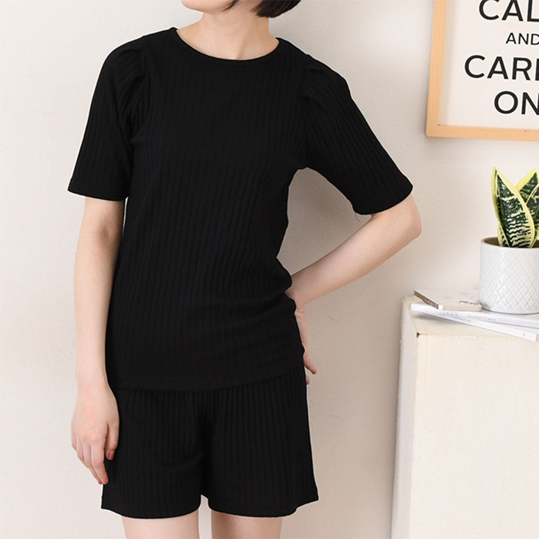 リアルスタイル REAL STYLE ルームウェア セットアップ レディース 夏 涼しい 半袖 ショートパンツ 可愛い 韓国 リブ トップス ボトムス 上下セット 部屋着 パジャマ （ブラック） ブラック