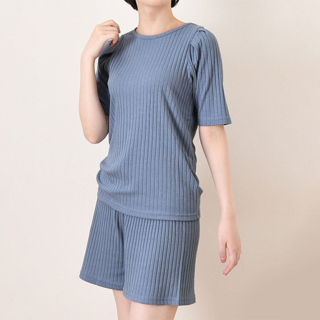 リアルスタイル REAL STYLE ルームウェア セットアップ レディース 夏 涼しい 半袖 ショートパンツ 可愛い 韓国 リブ トップス ボトムス 上下セット 部屋着 パジャマ （ライトブルー） ライトブルー