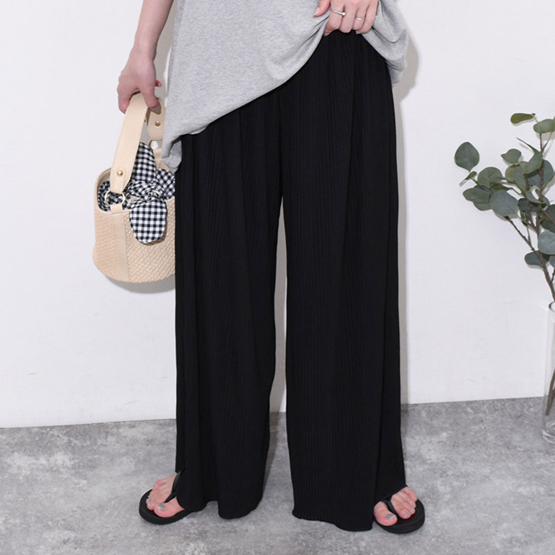 リアルスタイル REAL STYLE ワイドパンツ レディース きれいめ 夏 涼しい プリーツ 花柄 軽い ズボン ガウチョ ボトムス ウエストゴム ゆったり 速乾 プリント （ブラック） ブラック