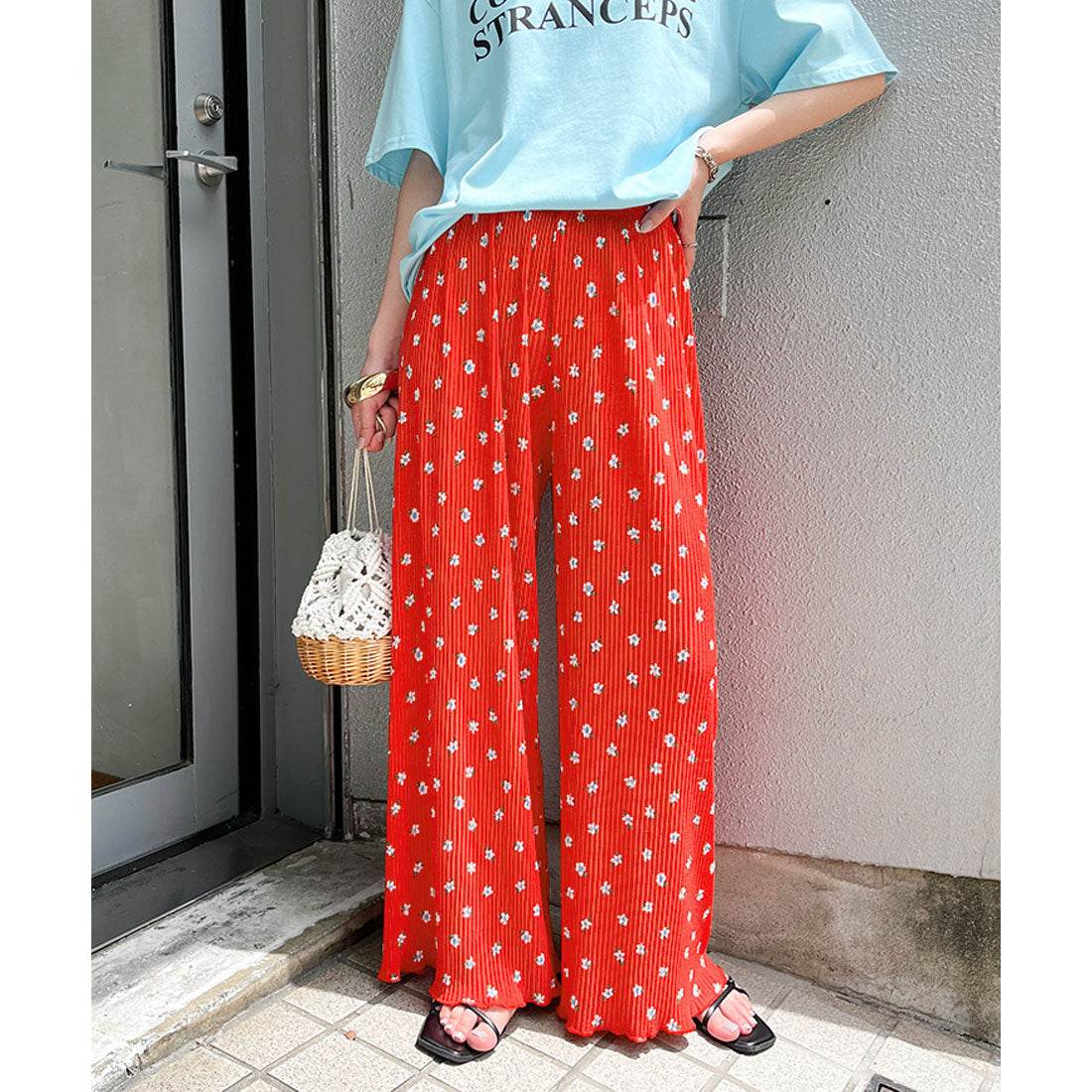 リアルスタイル REAL STYLE ワイドパンツ レディース きれいめ 夏 涼しい プリーツ 花柄 軽い ズボン ガウチョ ボトムス ウエストゴム ゆったり 速乾 プリント （ブラック） ブラック