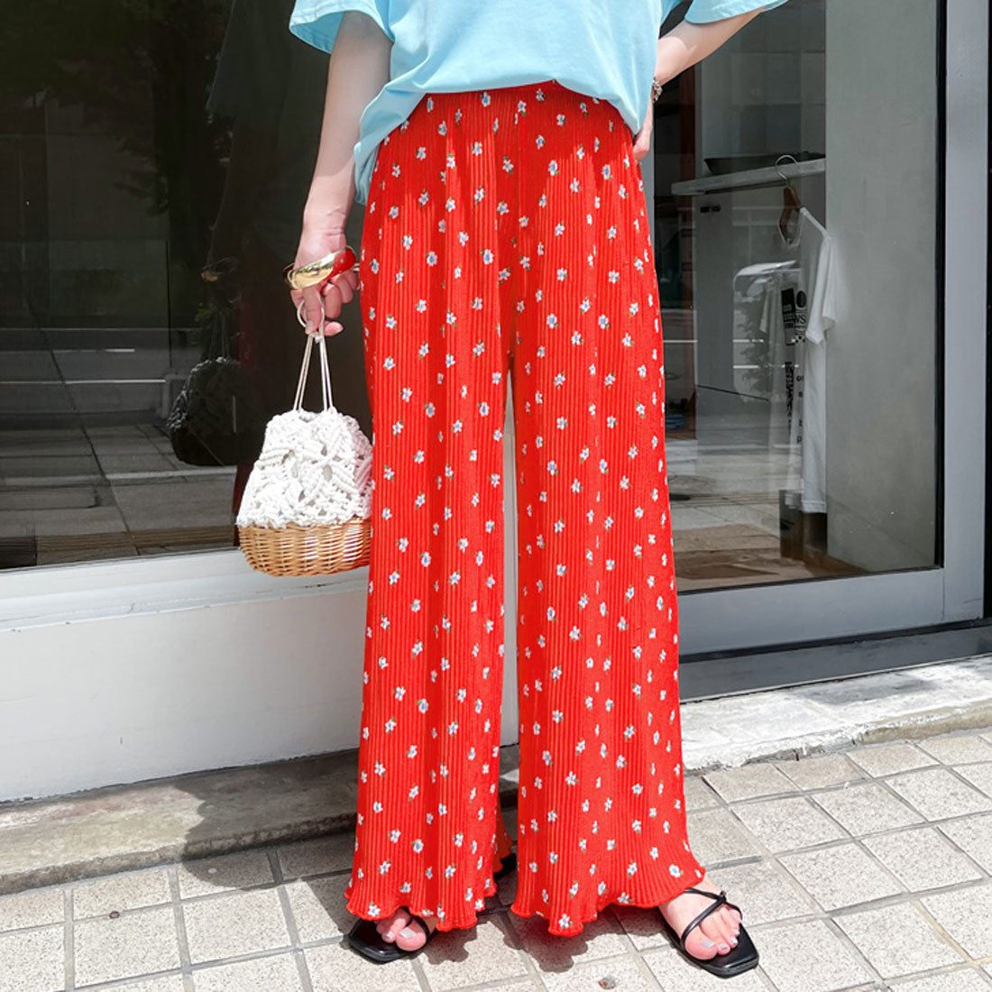 リアルスタイル REAL STYLE ワイドパンツ レディース きれいめ 夏 涼しい プリーツ 花柄 軽い ズボン ガウチョ ボトムス ウエストゴム ゆったり 速乾 プリント （レッド） レッド