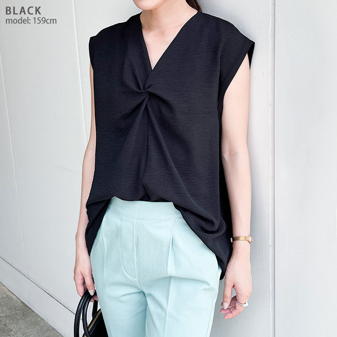 リアルスタイル REAL STYLE ブラウス レディース 夏 オフィス シャツ トップス ノースリーブ タンクトップ 薄手 涼しい ゆったり ツイスト Vネック おしゃれ スラブ 韓国ファッション チンチャコリア （ブラック） ブラック