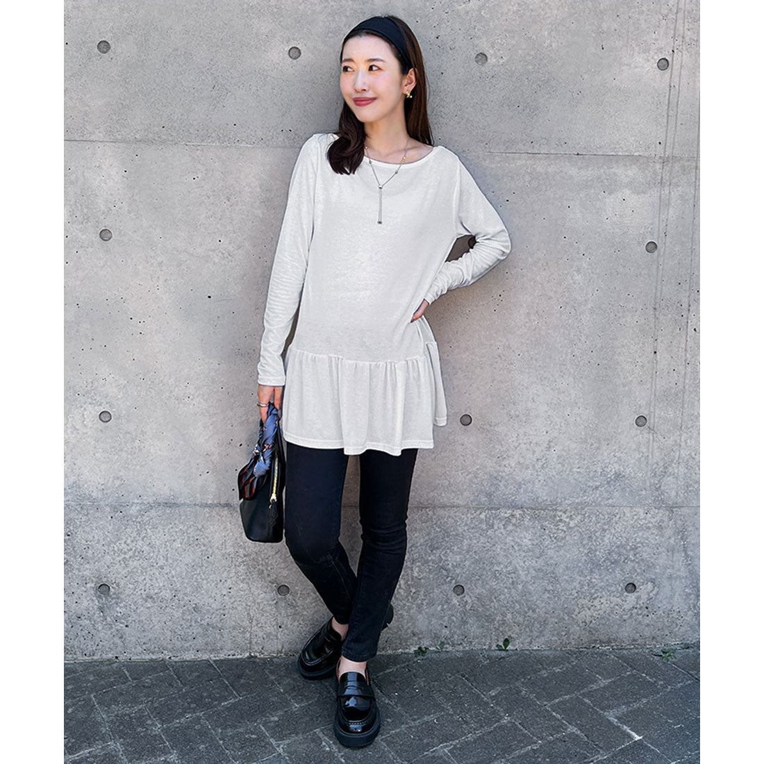 リアルスタイル REAL STYLE カットソー レディース 秋 長袖 ロング丈 ゆったり トップス Tシャツ ペプラム 裾フリル 薄手 重ね着 シンプル 無地 韓国 カジュアル 韓国ファッション チンチャコリア （グレー） グレー
