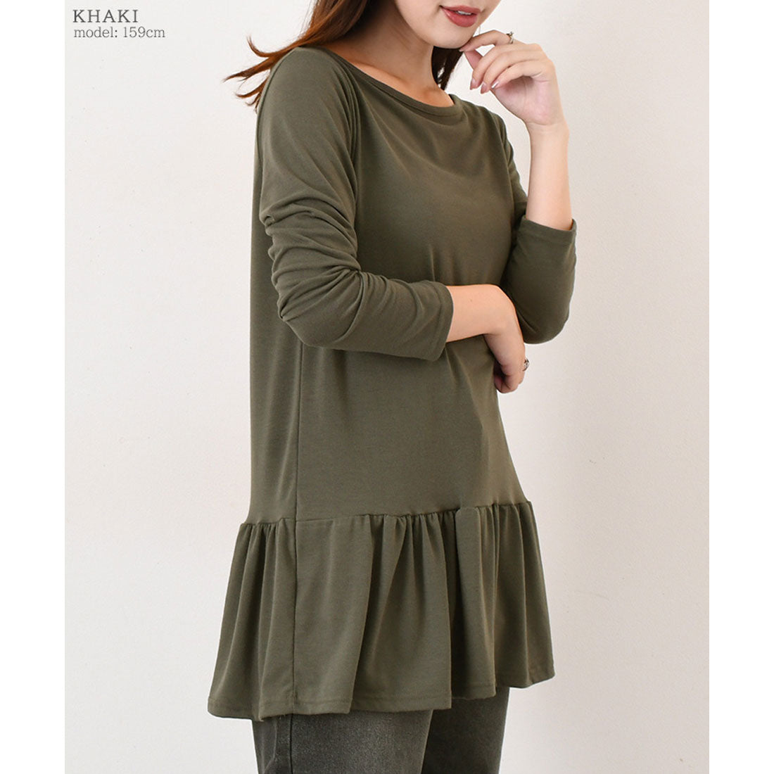 リアルスタイル REAL STYLE カットソー レディース 秋 長袖 ロング丈 ゆったり トップス Tシャツ ペプラム 裾フリル 薄手 重ね着 シンプル 無地 韓国 カジュアル 韓国ファッション チンチャコリア （グレー） グレー