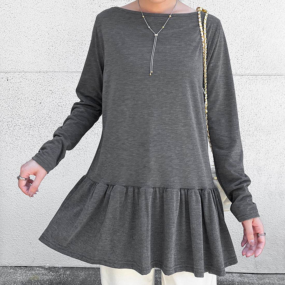 リアルスタイル REAL STYLE カットソー レディース 秋 長袖 ロング丈 ゆったり トップス Tシャツ ペプラム 裾フリル 薄手 重ね着 シンプル 無地 韓国 カジュアル 韓国ファッション チンチャコリア （チャコール） チャコール