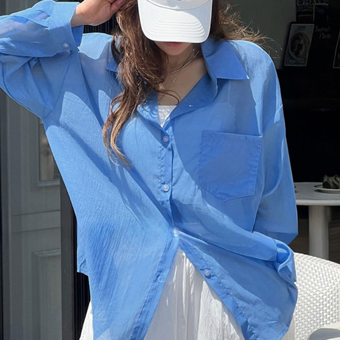 リアルスタイル REAL STYLE シアーシャツ レディース 長袖 ブラウス オフィス シワ 薄手 夏 ゆったり 大きいサイズ トップス 羽織り 上着 カジュアル おしゃれ （ブルー） ブルー