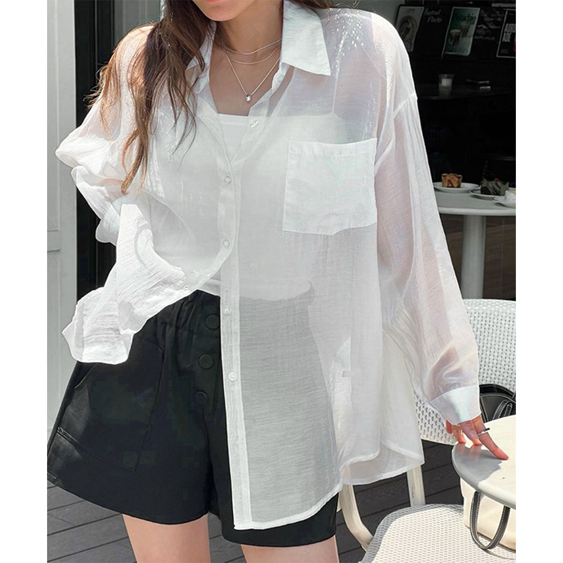 リアルスタイル REAL STYLE シアーシャツ レディース 長袖 ブラウス オフィス シワ 薄手 夏 ゆったり 大きいサイズ トップス 羽織り 上着 カジュアル おしゃれ （ブルー） ブルー