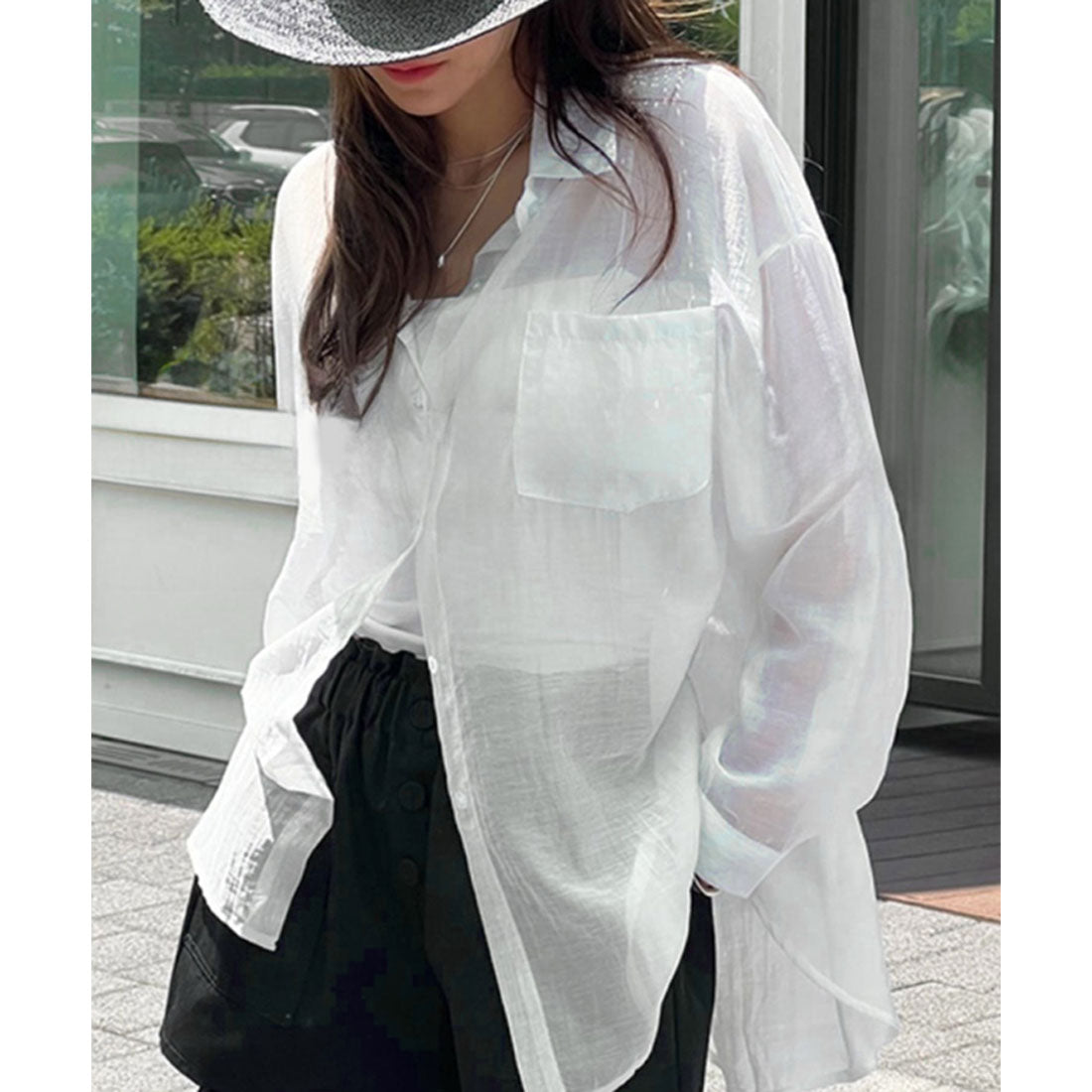 リアルスタイル REAL STYLE シアーシャツ レディース 長袖 ブラウス オフィス シワ 薄手 夏 ゆったり 大きいサイズ トップス 羽織り 上着 カジュアル おしゃれ （ブルー） ブルー