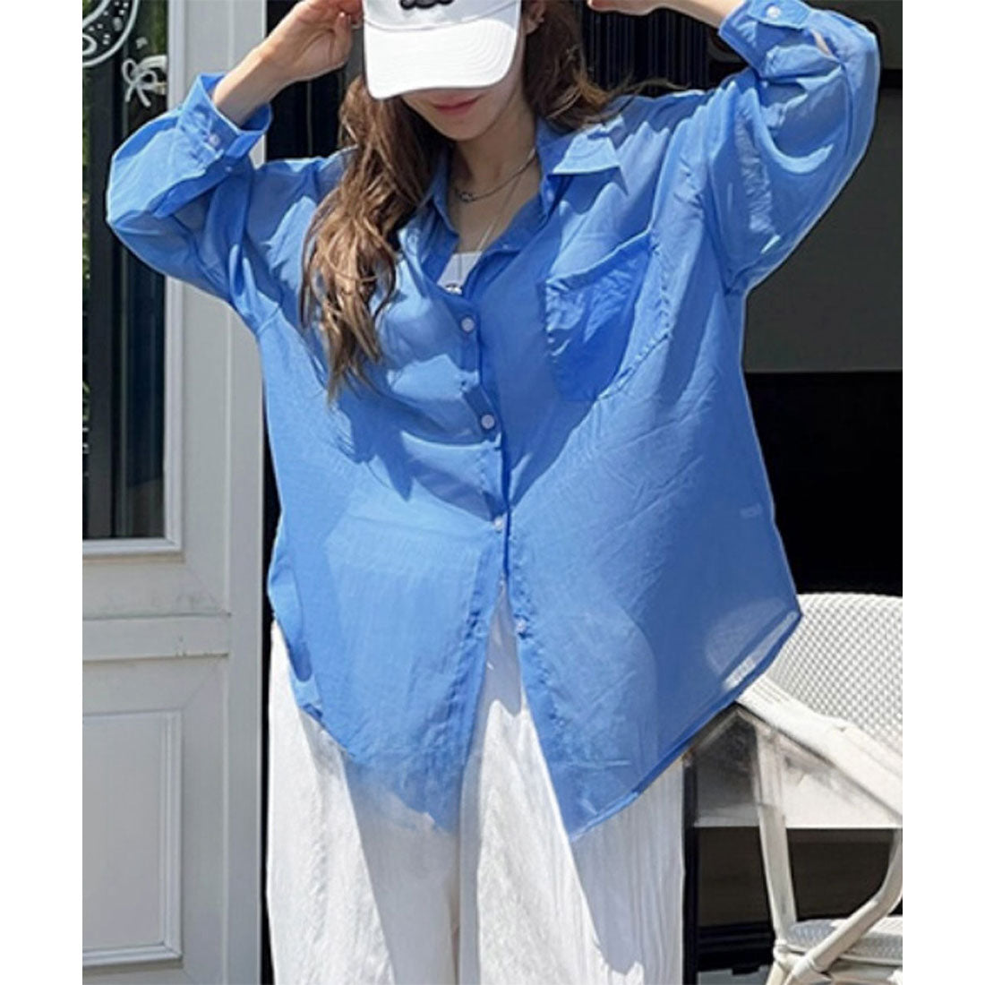 リアルスタイル REAL STYLE シアーシャツ レディース 長袖 ブラウス オフィス シワ 薄手 夏 ゆったり 大きいサイズ トップス 羽織り 上着 カジュアル おしゃれ （ブルー） ブルー