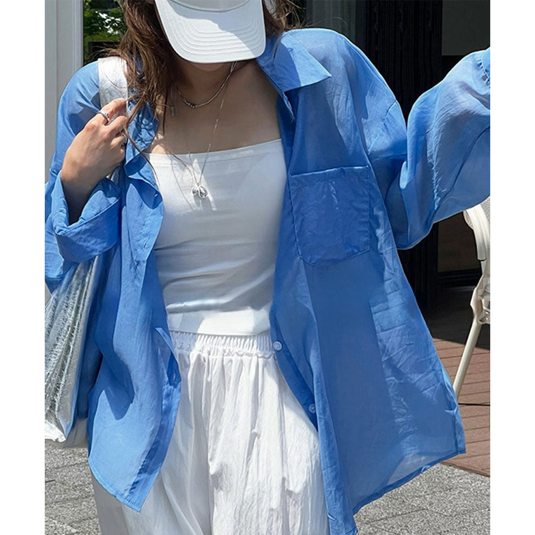 リアルスタイル REAL STYLE シアーシャツ レディース 長袖 ブラウス オフィス シワ 薄手 夏 ゆったり 大きいサイズ トップス 羽織り 上着 カジュアル おしゃれ （ブルー） ブルー