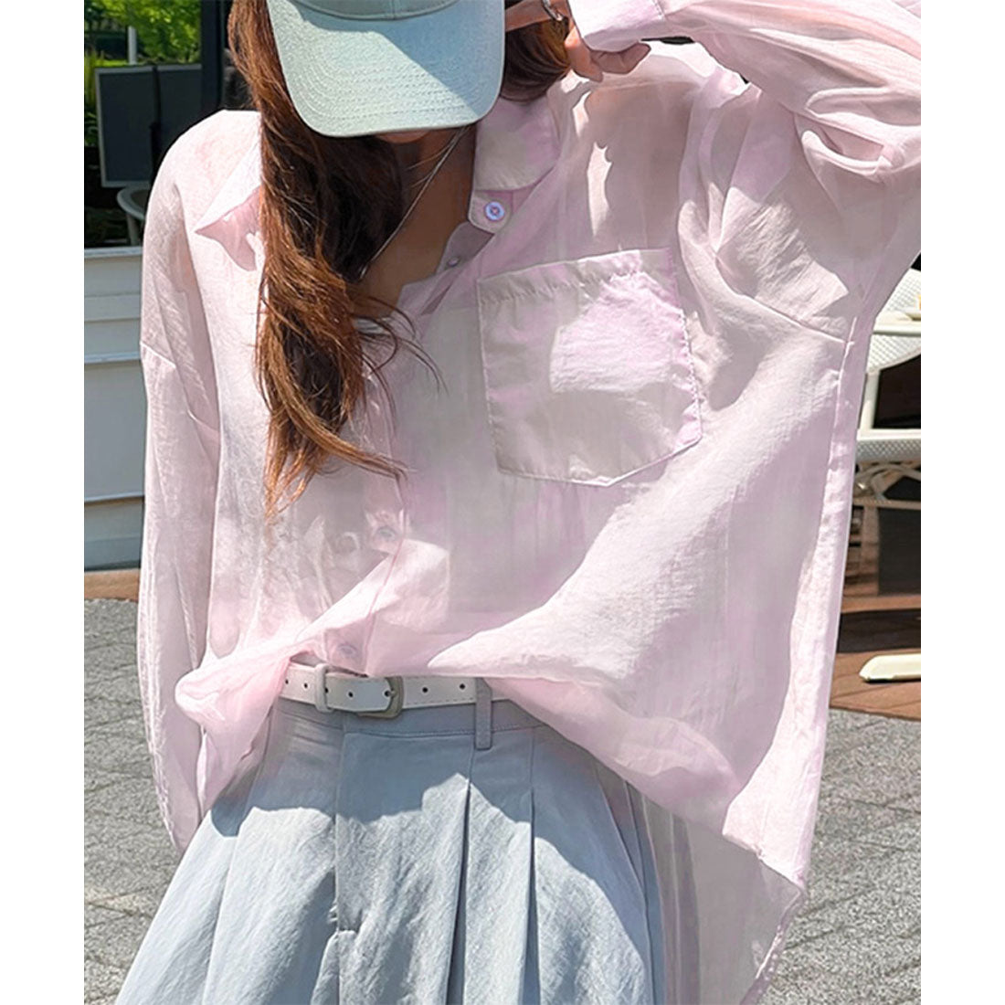 リアルスタイル REAL STYLE シアーシャツ レディース 長袖 ブラウス オフィス シワ 薄手 夏 ゆったり 大きいサイズ トップス 羽織り 上着 カジュアル おしゃれ （ブルー） ブルー