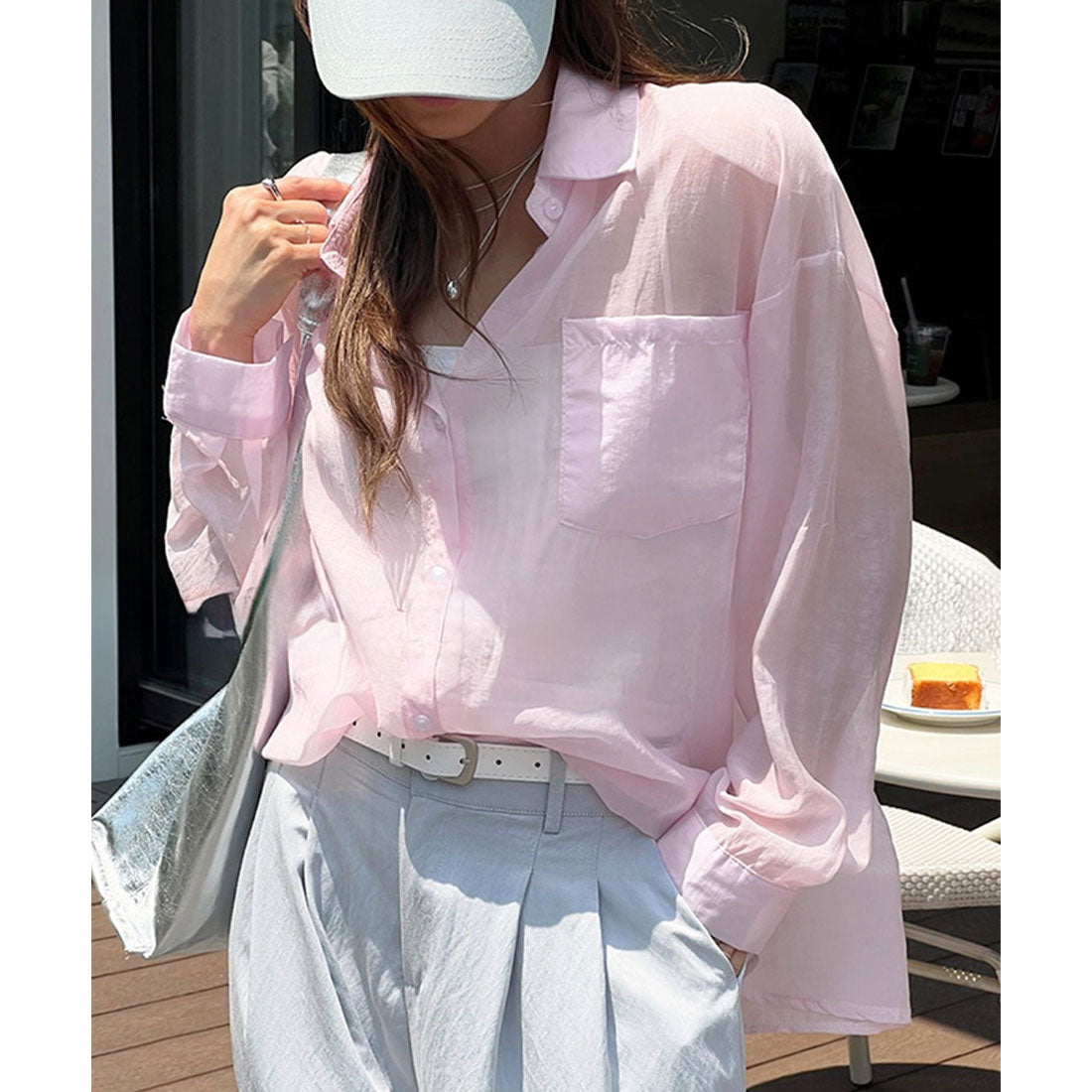 リアルスタイル REAL STYLE シアーシャツ レディース 長袖 ブラウス オフィス シワ 薄手 夏 ゆったり 大きいサイズ トップス 羽織り 上着 カジュアル おしゃれ （ブルー） ブルー