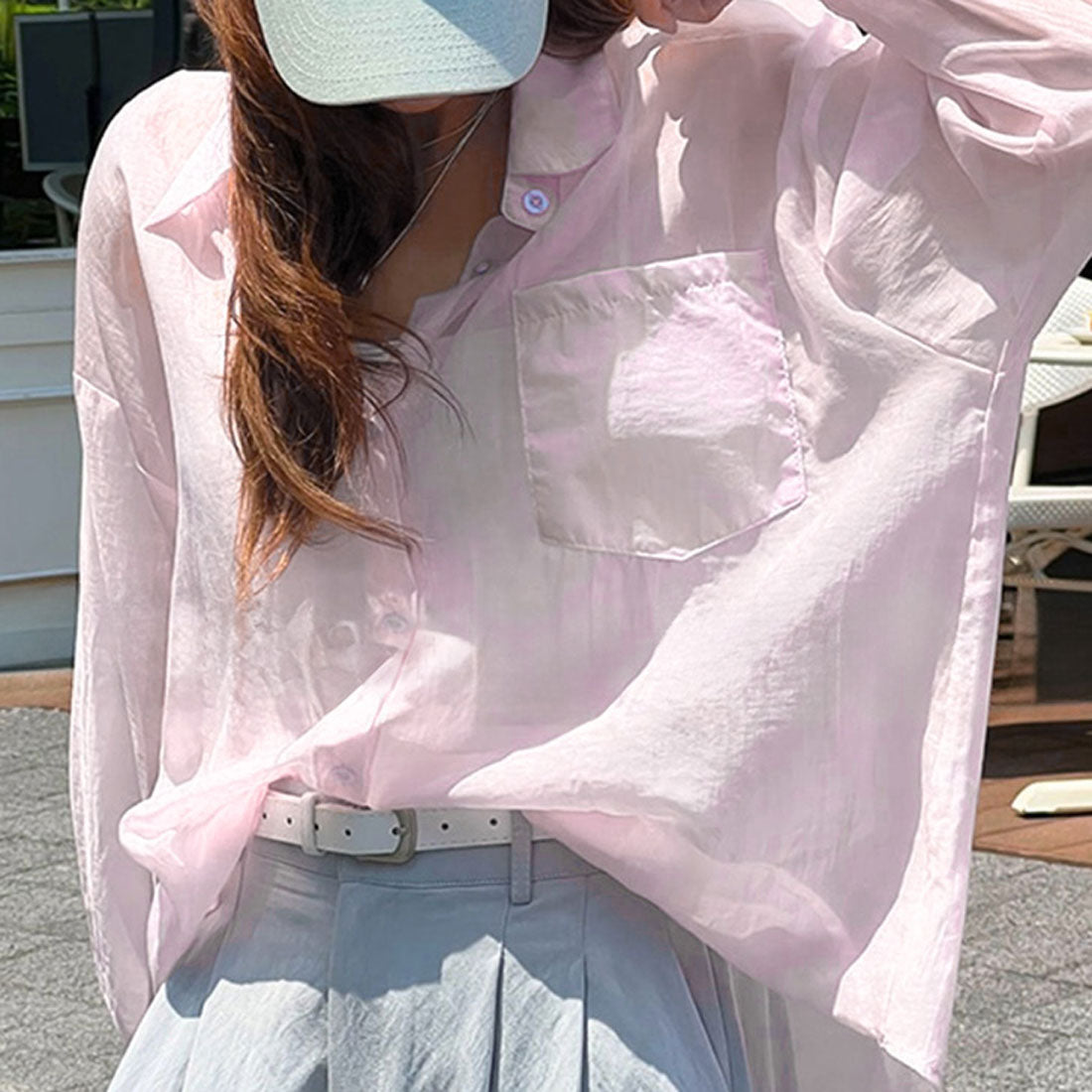リアルスタイル REAL STYLE シアーシャツ レディース 長袖 ブラウス オフィス シワ 薄手 夏 ゆったり 大きいサイズ トップス 羽織り 上着 カジュアル おしゃれ （ピンク） ピンク