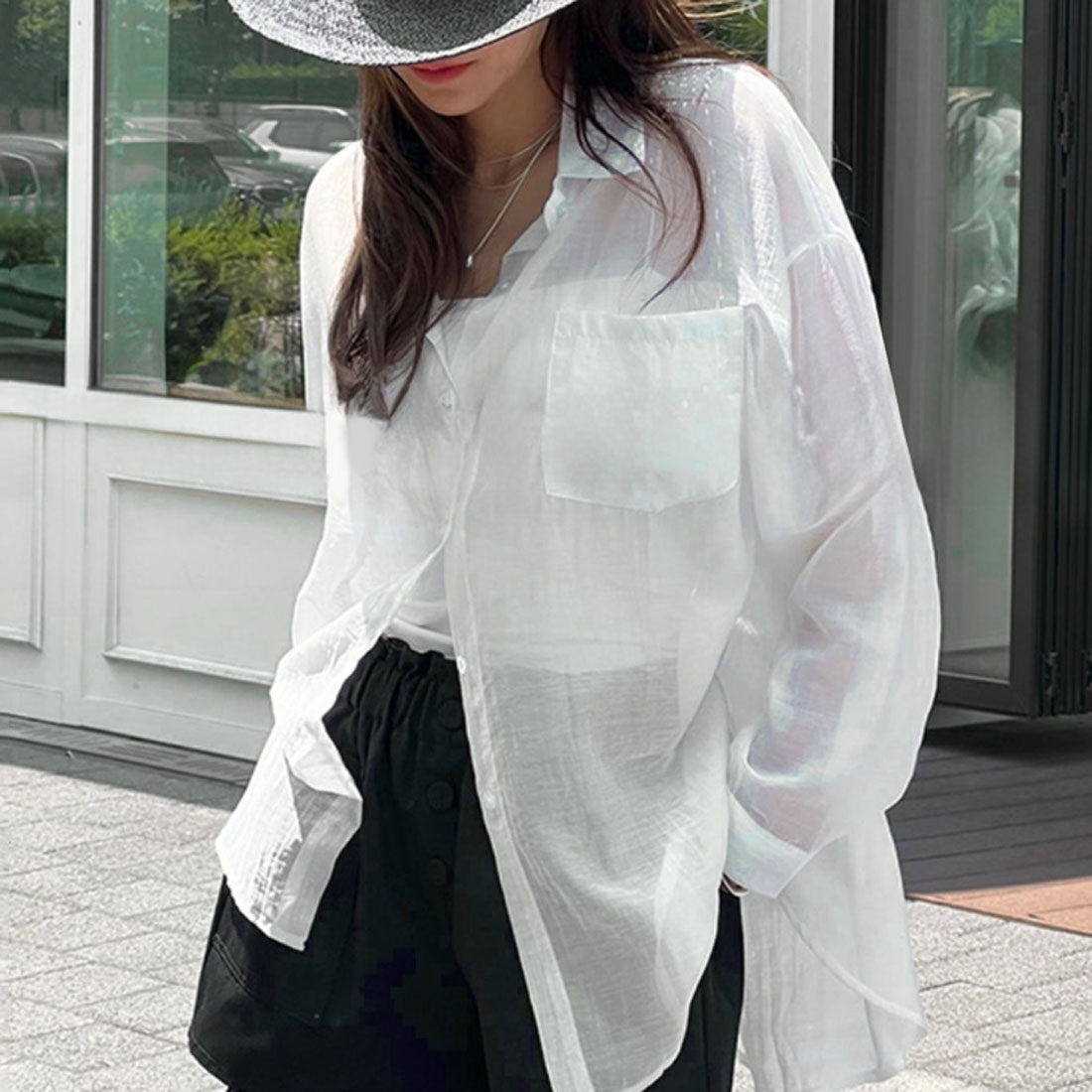 リアルスタイル REAL STYLE シアーシャツ レディース 長袖 ブラウス オフィス シワ 薄手 夏 ゆったり 大きいサイズ トップス 羽織り 上着 カジュアル おしゃれ （オフホワイト） オフホワイト