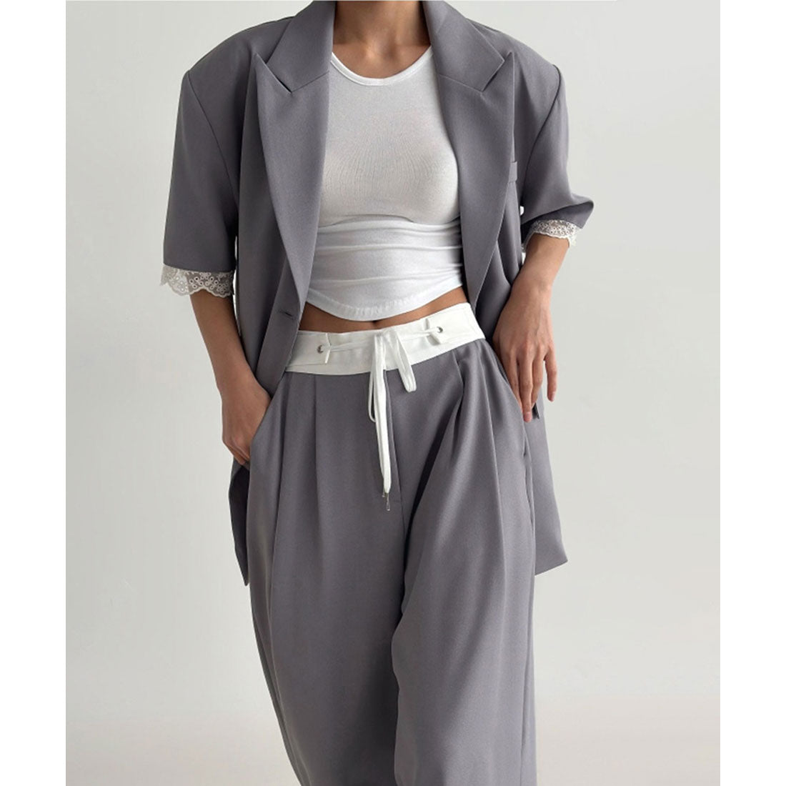 リアルスタイル REAL STYLE ワイドパンツ スラックス レディース 仕事 オフィス 春 夏 秋 薄手 セットアップ 涼しい ウエストゴム タック きれいめ バイカラー 韓国 韓国ファッション チンチャコリア （グレー） グレー