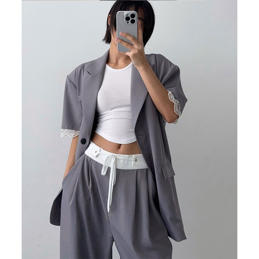 リアルスタイル REAL STYLE ワイドパンツ スラックス レディース 仕事 オフィス 春 夏 秋 薄手 セットアップ 涼しい ウエストゴム タック きれいめ バイカラー 韓国 韓国ファッション チンチャコリア （グレー） グレー