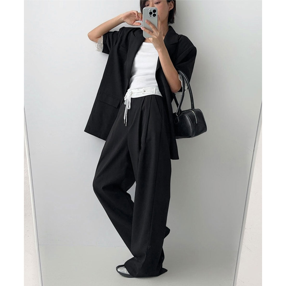 リアルスタイル REAL STYLE ワイドパンツ スラックス レディース 仕事 オフィス 春 夏 秋 薄手 セットアップ 涼しい ウエストゴム タック きれいめ バイカラー 韓国 韓国ファッション チンチャコリア （グレー） グレー