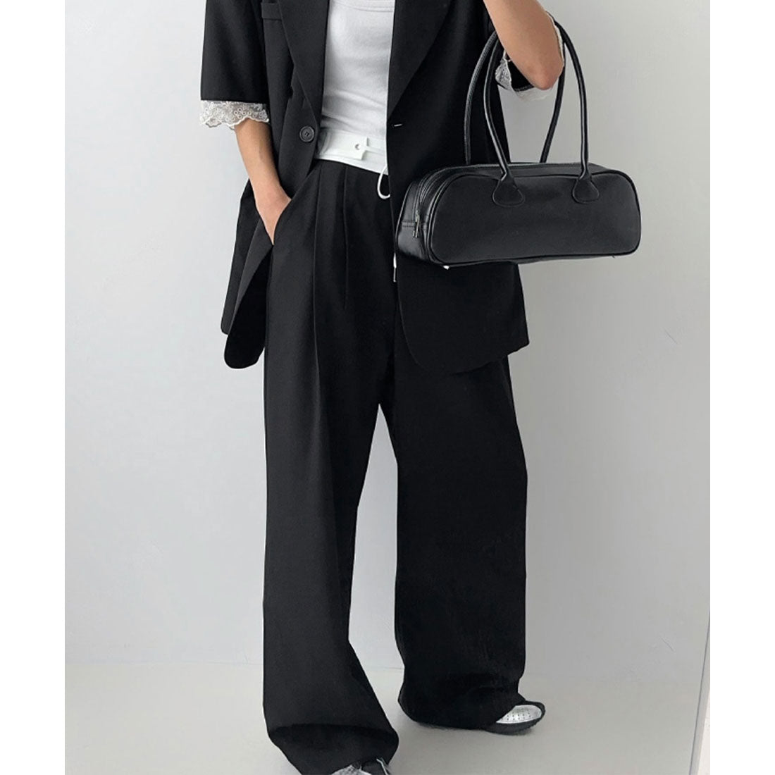 リアルスタイル REAL STYLE ワイドパンツ スラックス レディース 仕事 オフィス 春 夏 秋 薄手 セットアップ 涼しい ウエストゴム タック きれいめ バイカラー 韓国 韓国ファッション チンチャコリア （グレー） グレー