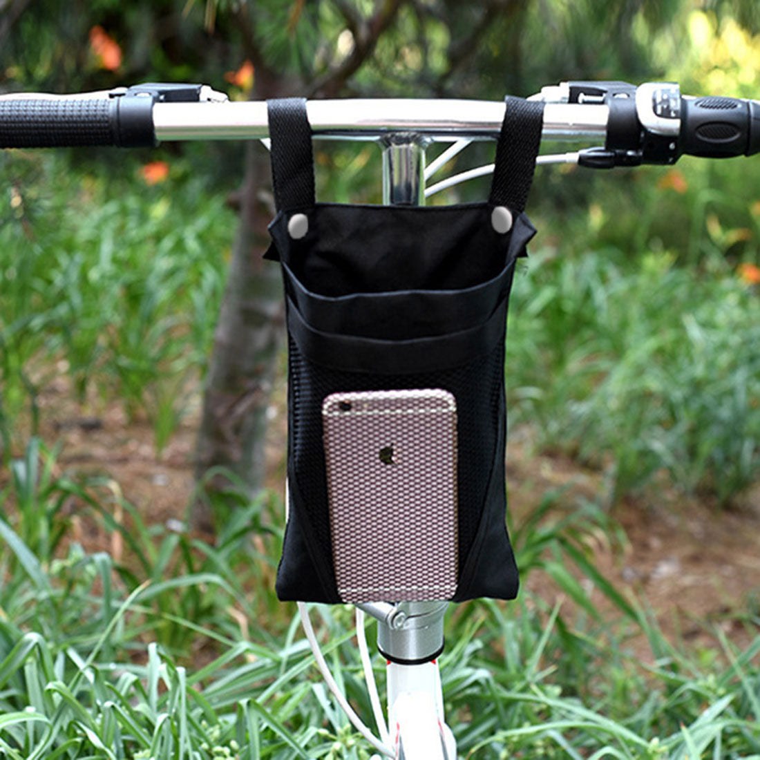 リアルスタイル REAL STYLE 自転車 フロントバッグ ハンドルバッグ スマホ ペットボトル ドリンク ホルダー ポーチ 小物入れ 折りたたみ傘 バイク 通勤 通学 撥水 （ブラック） ブラック