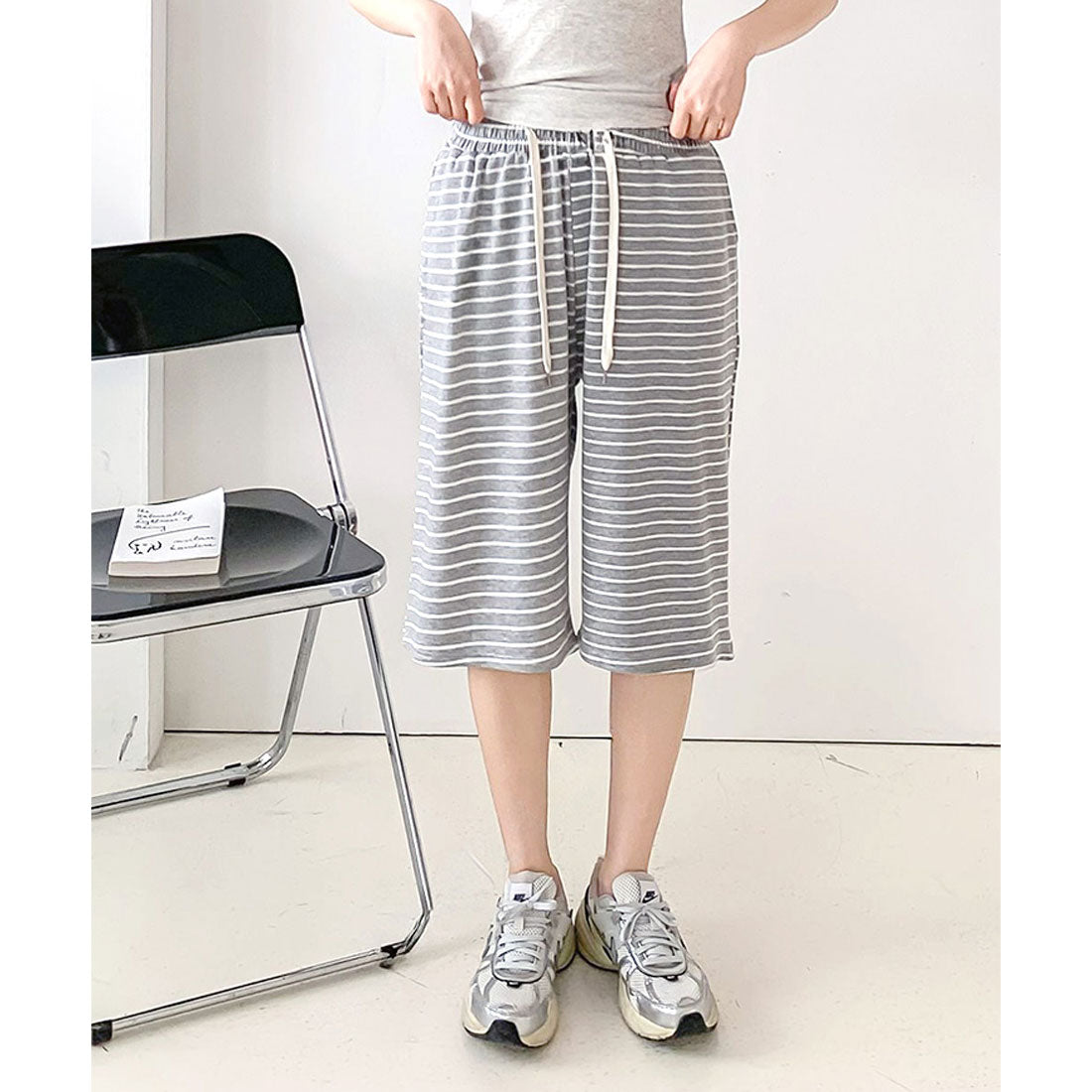 リアルスタイル REAL STYLE ハーフパンツ レディース 夏 秋 部屋着 ルームウェア 膝丈 ボトムス 半ズボン 短パン ボーダー ポケット おしゃれ カジュアル スポーツ （グレー） グレー
