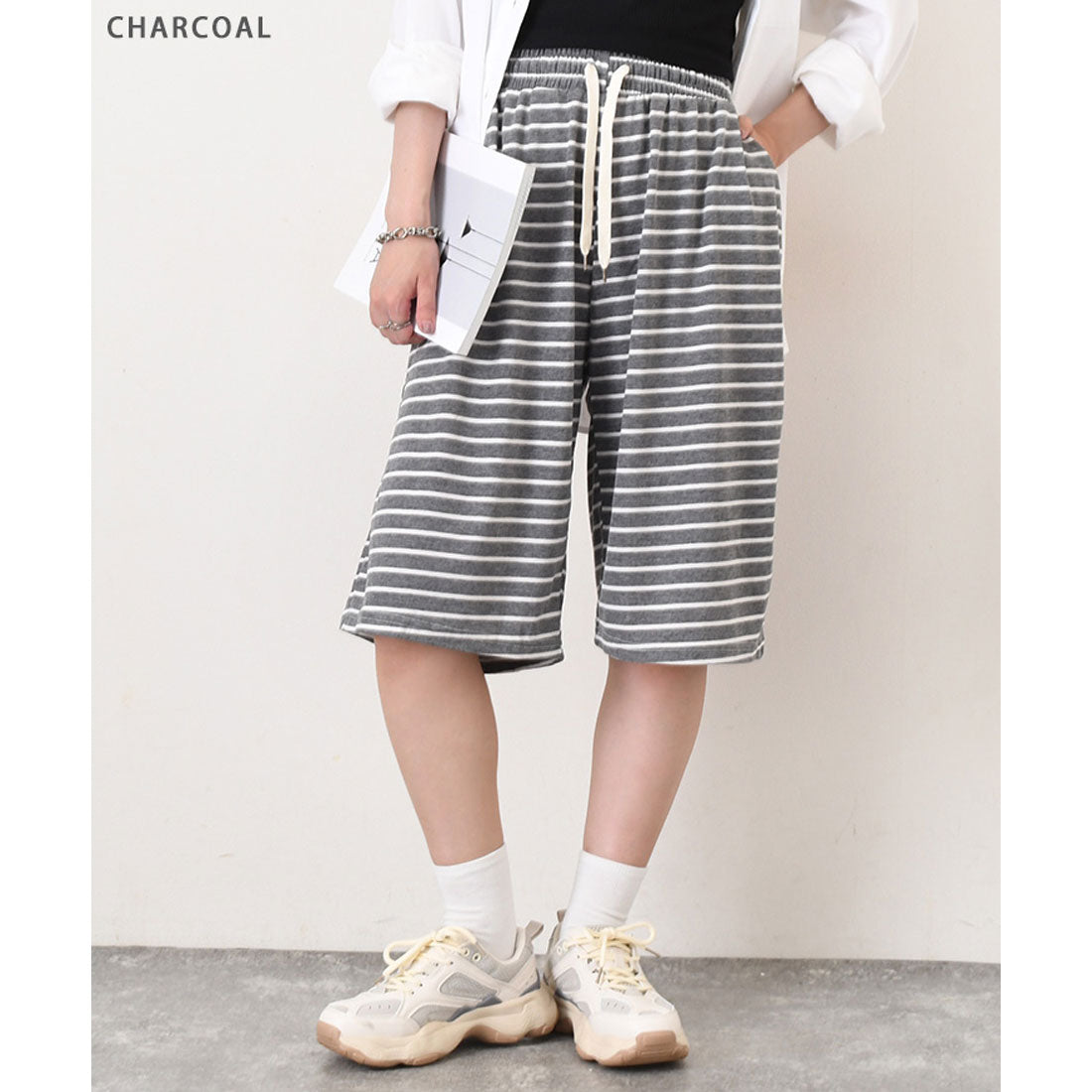 リアルスタイル REAL STYLE ハーフパンツ レディース 夏 秋 部屋着 ルームウェア 膝丈 ボトムス 半ズボン 短パン ボーダー ポケット おしゃれ カジュアル スポーツ （グレー） グレー