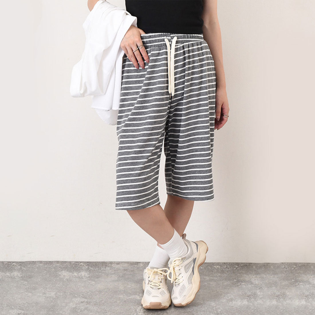 リアルスタイル REAL STYLE ハーフパンツ レディース 夏 秋 部屋着 ルームウェア 膝丈 ボトムス 半ズボン 短パン ボーダー ポケット おしゃれ カジュアル スポーツ （チャコール） チャコール